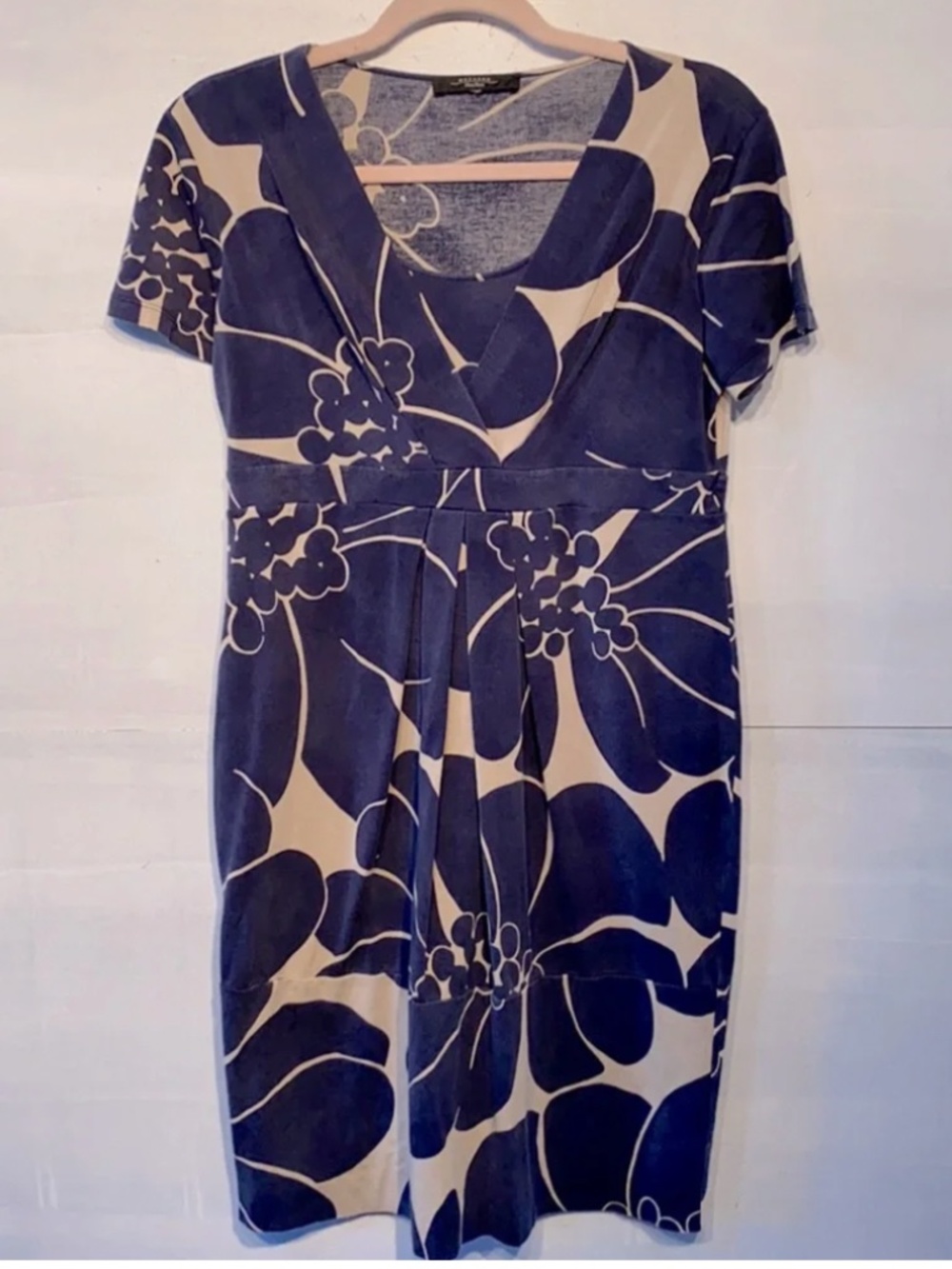 MaxMara Navy Floral Dress Stretch Scoop Neck Surplice Short Sleeve Midi Cream